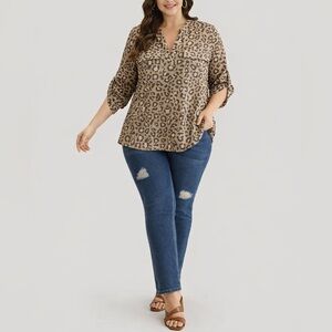 A New Day leopard print women's blouse mid cuff sleeve Sz Xxl